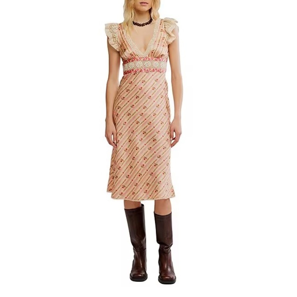 Free People Women's Bali Belle Floral Lace Midi Dress Soft Pink M Boho Fairycore